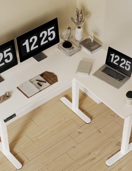 Claiks L Shaped Standing Desk Adjustable Height, Dual Motor Electric Corner Standing Desk, 63×55 inch Sit Stand up Desk with Splice Board, White