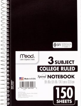 Mead Small Spiral Notebook, 3-Subject, College Ruled Paper, 9-1/2″ x 5-1/2″, 150 Sheets per Notebook, Color Will Vary, 1 Count (06900)