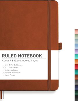 RETTACY Journaling Notebooks, A5 Lined Journal Notebook with 192 Numbered Pages, 5.7” × 8.3” Medium Size, for Writing, Work, Office, Leather Hardcover, 100 GSM Thick Paper (Brown)