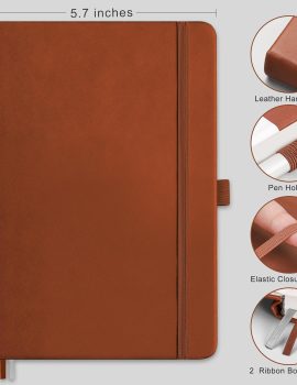 RETTACY Journaling Notebooks, A5 Lined Journal Notebook with 192 Numbered Pages, 5.7” × 8.3” Medium Size, for Writing, Work, Office, Leather Hardcover, 100 GSM Thick Paper (Brown)